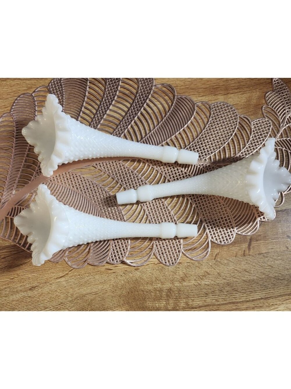 3- Fenton Ruffled Diamond Lace Epergne Horns White Vintage Milk Glass